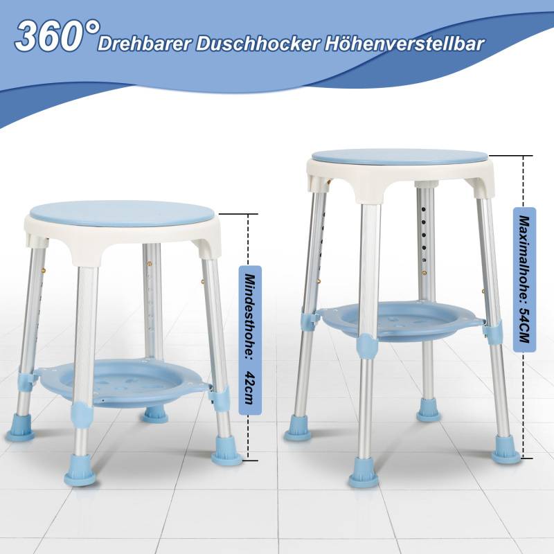 Duschhocker Badhocker Höhenverstellbar Duschstuhl bis 136kg Badsitz Anti-Rutsch mit Regal 360° Drehbar