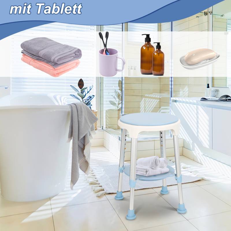 Duschhocker Badhocker Höhenverstellbar Duschstuhl bis 136kg Badsitz Anti-Rutsch mit Regal 360° Drehbar