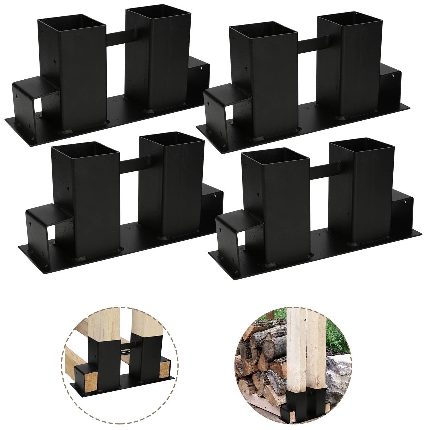 Holzstapelhilfe 4er Set, Stapelhilfe beschichteter Stahl, schwarz, DIY Holzunterstand für Kanthölzer, Holzaufbewahrung