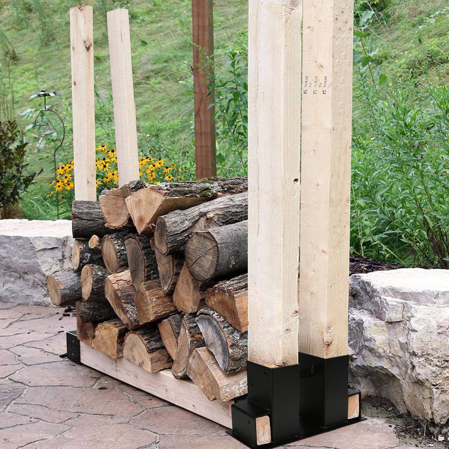 Holzstapelhilfe 4er Set, Stapelhilfe beschichteter Stahl, schwarz, DIY Holzunterstand für Kanthölzer, Holzaufbewahrung