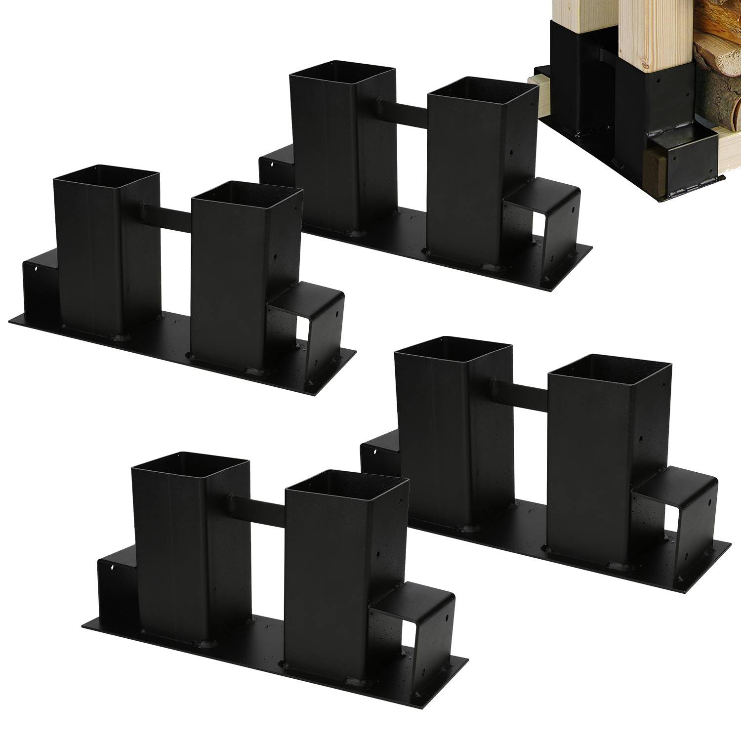 Holzstapelhilfe 4er Set, Stapelhilfe beschichteter Stahl, schwarz, DIY Holzunterstand für Kanthölzer, Holzaufbewahrung