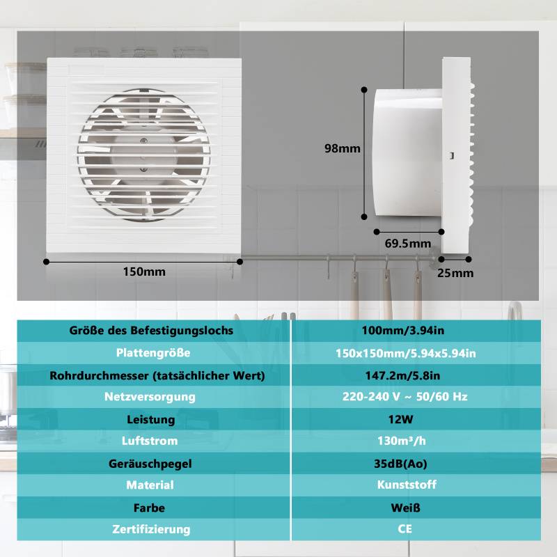 Badlüfter Wandlüfter Mit Rückflussleitblech Ventilator Rohrlüfter 100mm