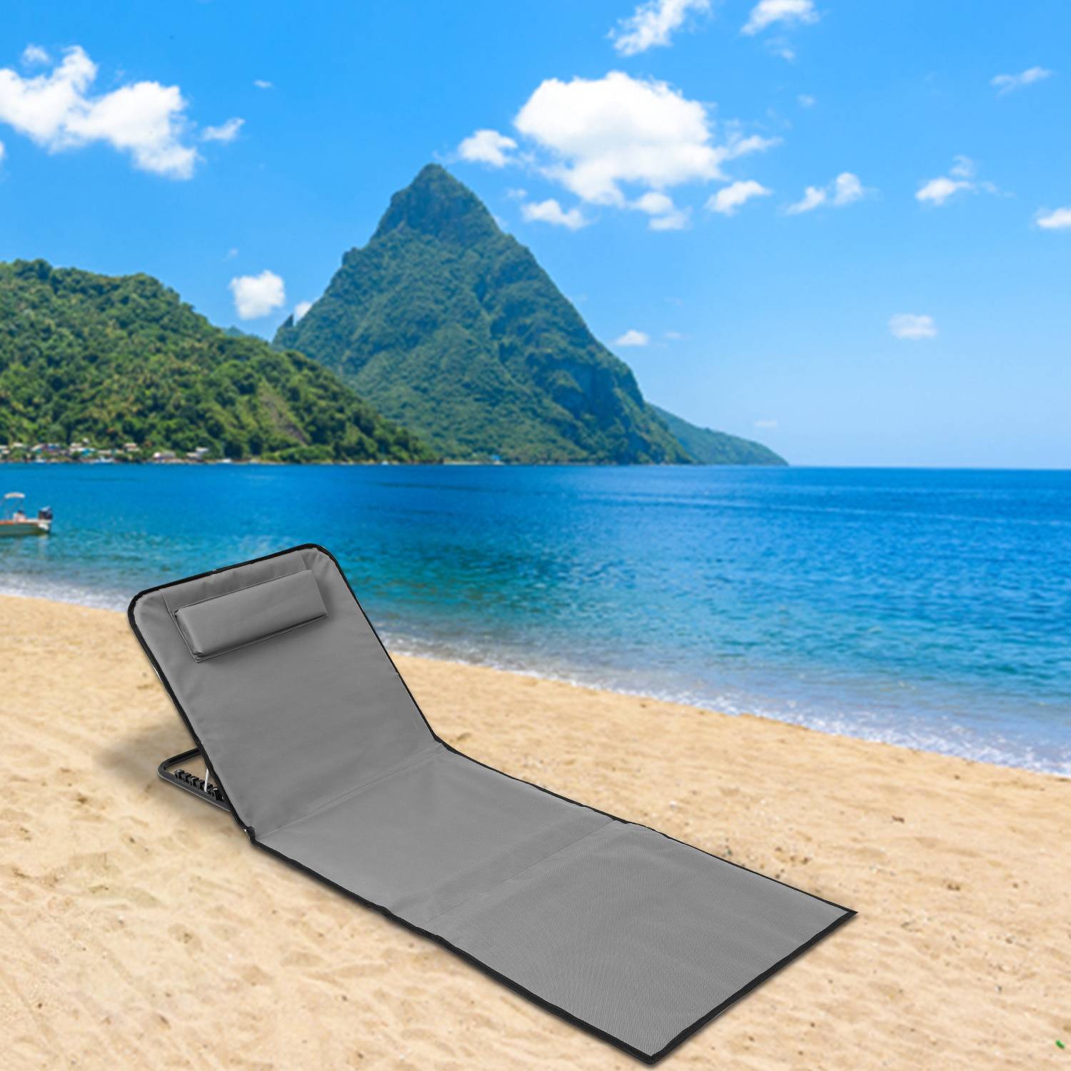 1er Strandmatte Strandmatten StrandLiege Klappbare Mit Kissen Verstellbar 5,stufige Höhe mit Tragegurt,Grau