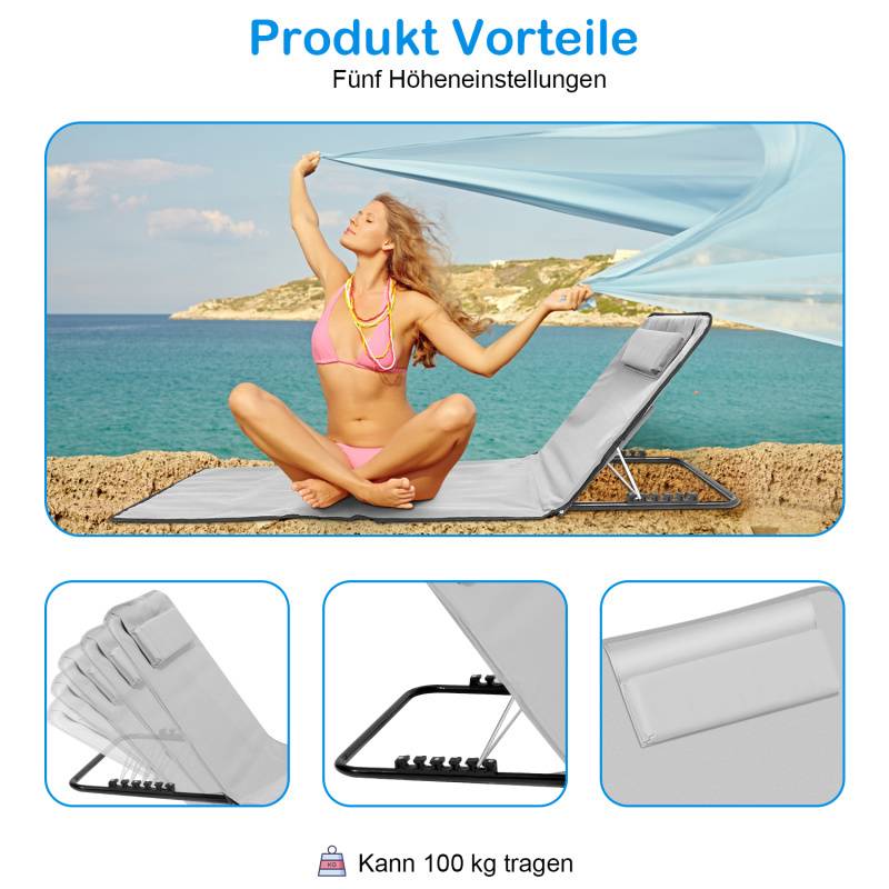 1er Strandmatte Strandmatten StrandLiege Klappbare Mit Kissen Verstellbar 5,stufige Höhe mit Tragegurt,Hellgrau