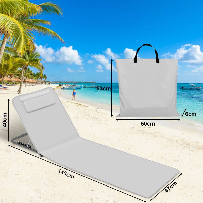 1er Strandmatte Strandmatten StrandLiege Klappbare Mit Kissen Verstellbar 5,stufige Höhe mit Tragegurt,Hellgrau
