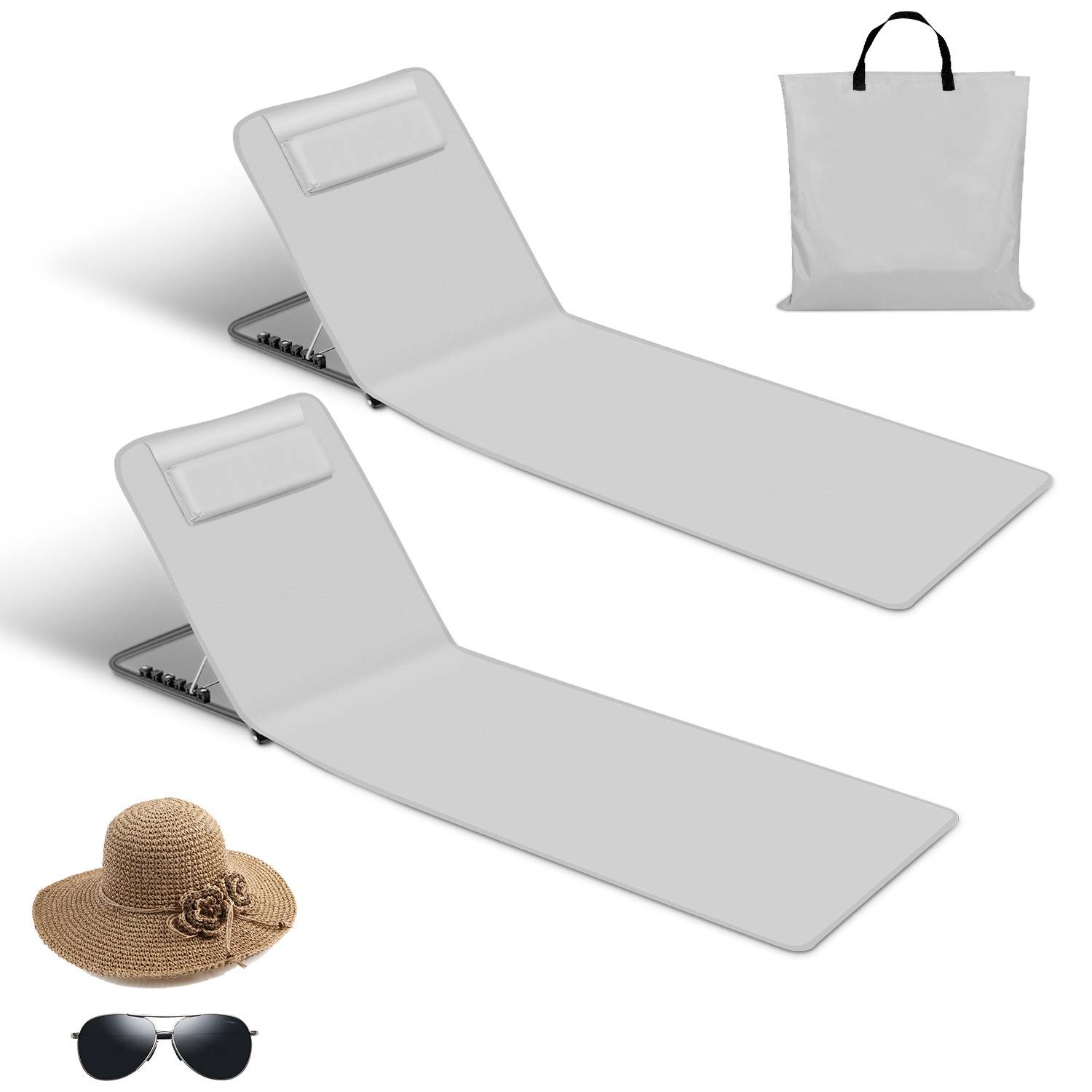 2er Strandmatte Strandmatten StrandLiege Klappbare Mit Kissen Verstellbar 5,stufige Höhe mit Tragegurt,Hellgrau