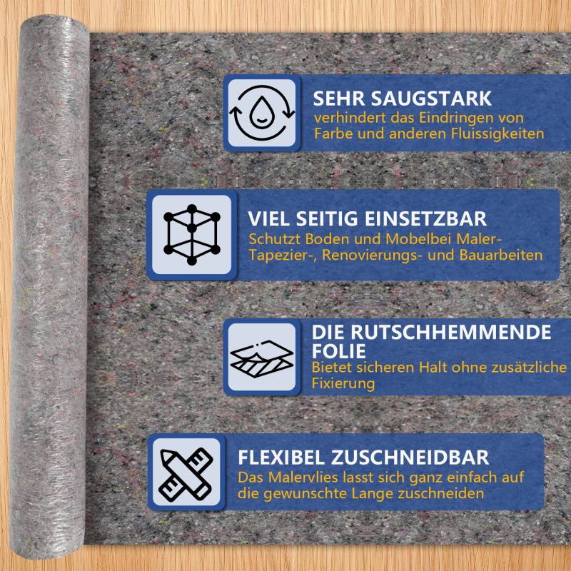 Malervlies 1x50m Abdeckvlies Schutzvlies Abdeckflies Gewicht 220g/㎡ PE-Folie