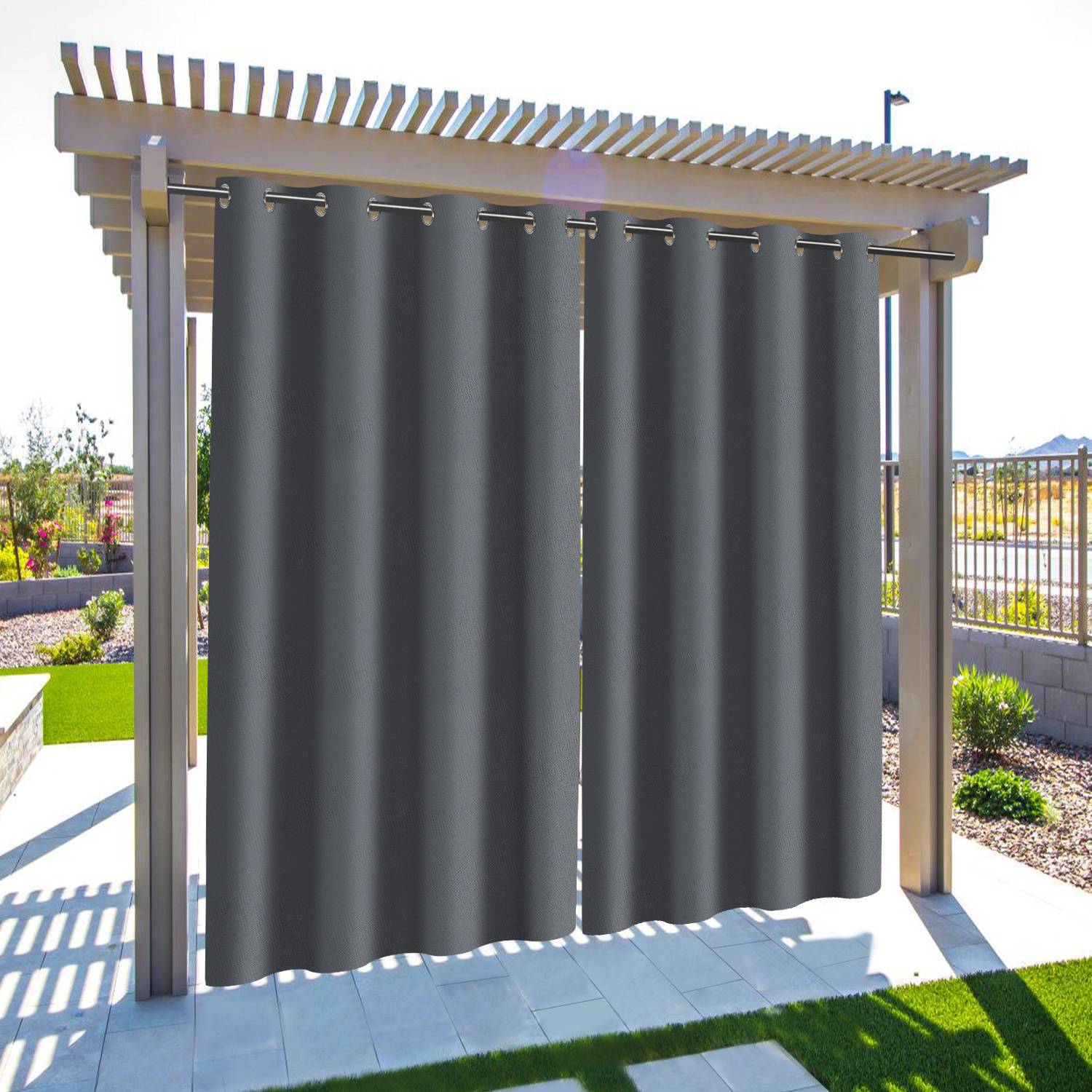 Outdoor Vorhang 2er-Set 132 x 213cm Gardinen Outdoorvorhänge Blickdicht mit Ösen, Garten Patio Balkon Wasserdicht, Dunkelgrau