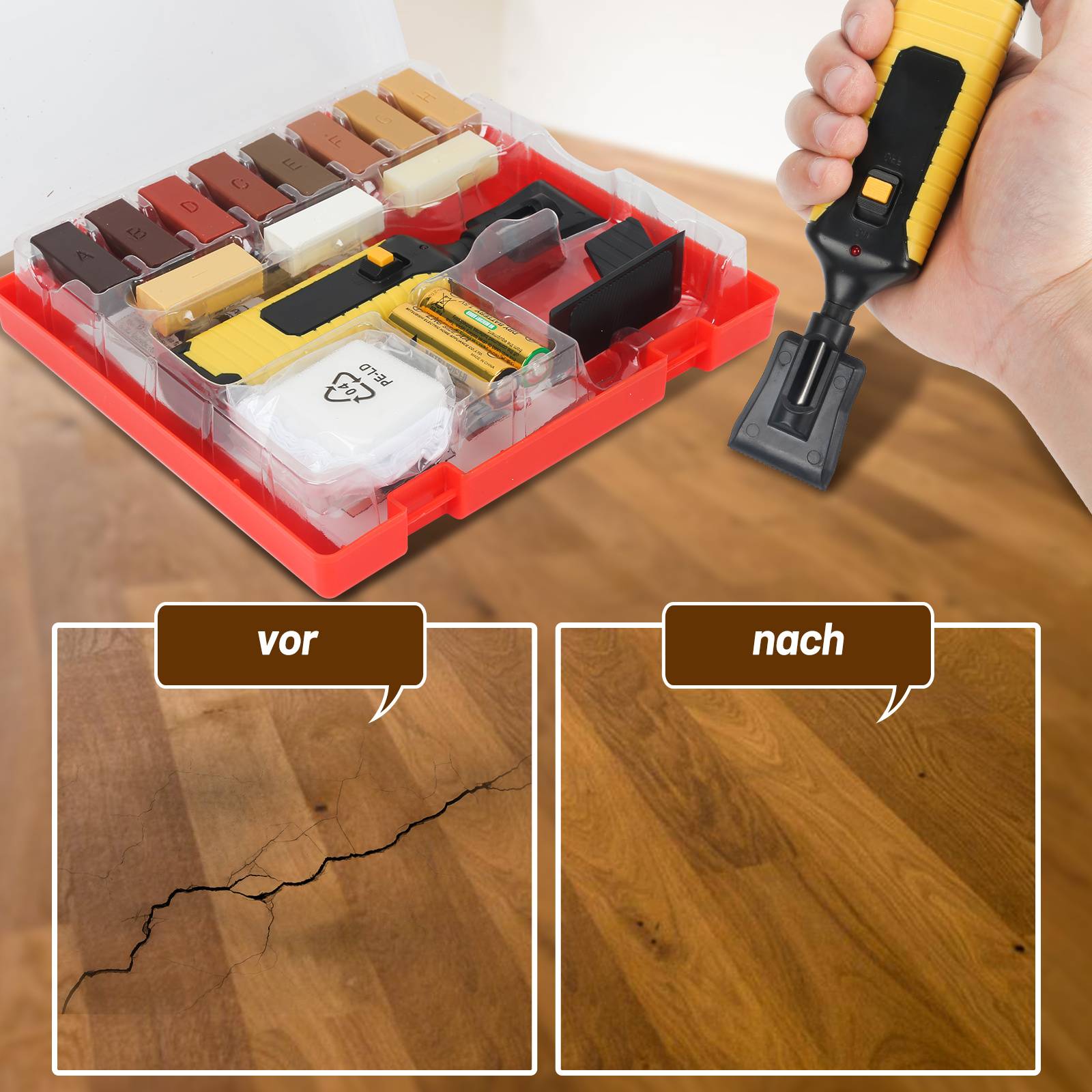 Holz Reparatur Set 17-teilig - 11 versch. Farbtöne - Wachs Reparatur Set für Holz Oberflächen aller Art und Fliesen Kacheln & Steingut Oberflächen