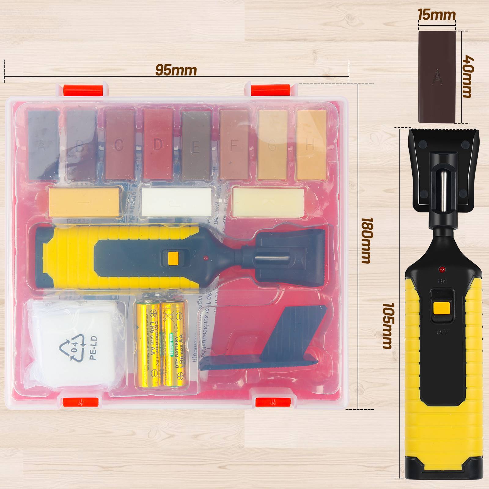 Holz Reparatur und Fliesen Set 17-teilig - 11 versch. Farbtöne - Wachs Reparatur Set für Fliesen Kacheln & Steingut Oberflächen reparieren und Holz