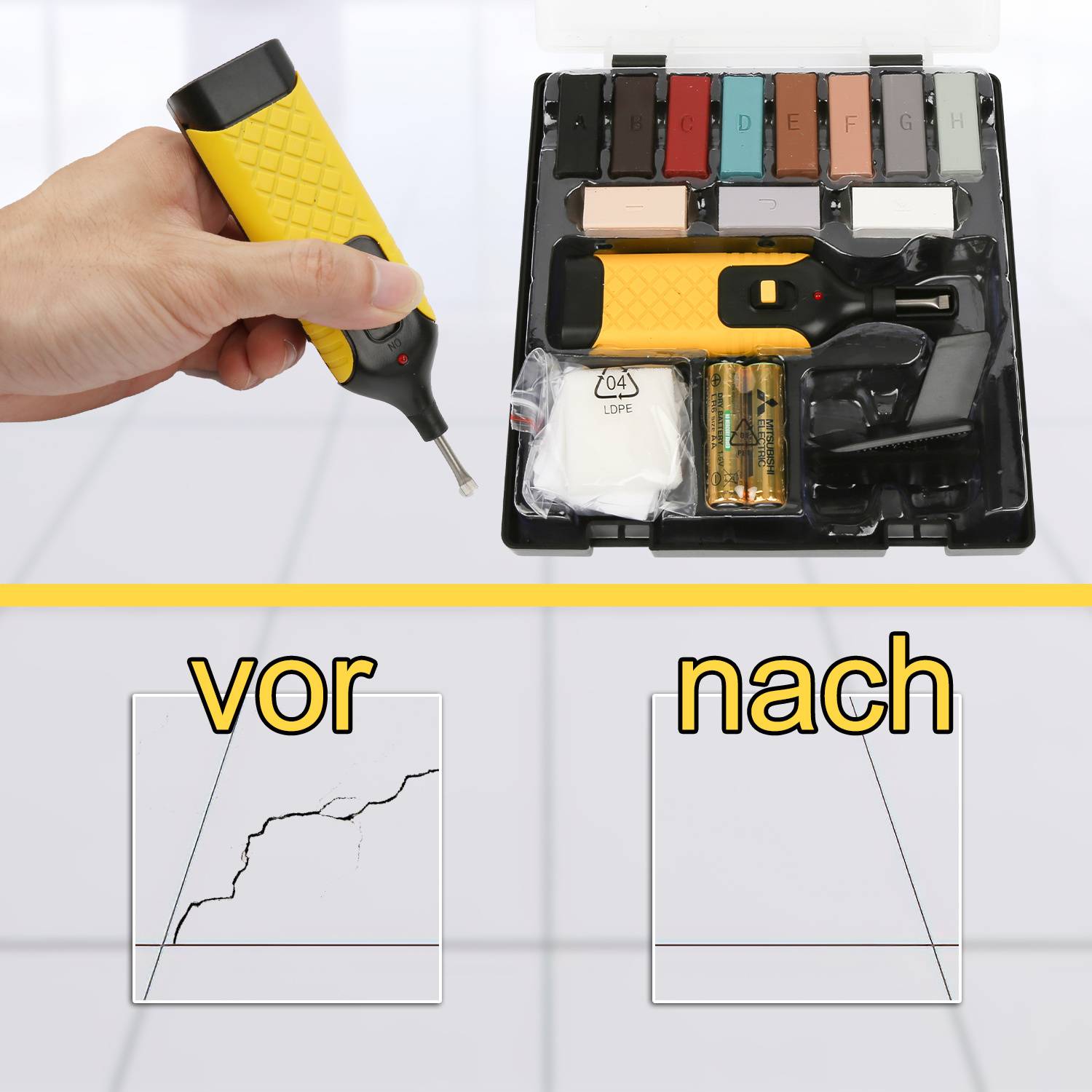 Holz Reparatur und Fliesen Set 17-teilig - 11 versch. Farbtöne - Wachs Reparatur Set für Fliesen Kacheln & Steingut Oberflächen reparieren und Holz