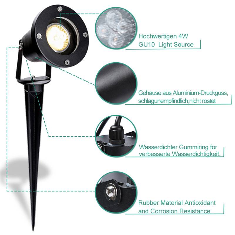 6X LED Gartenstrahler mit Erdspieß Gartenleuchte Gartenbeleuchtung Wasserdicht IP65 4W Warmweiß