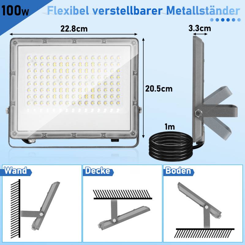 100W LED Fluter Flutlicht LED Strahler IP65 Wasserdicht Außenstrahler Outdoor-Sicherheitsleuchte für Garten Garage 6000K