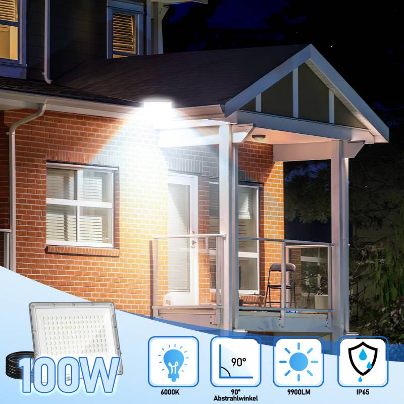100W LED Fluter Flutlicht LED Strahler IP65 Wasserdicht Außenstrahler Outdoor-Sicherheitsleuchte für Garten Garage 6000K