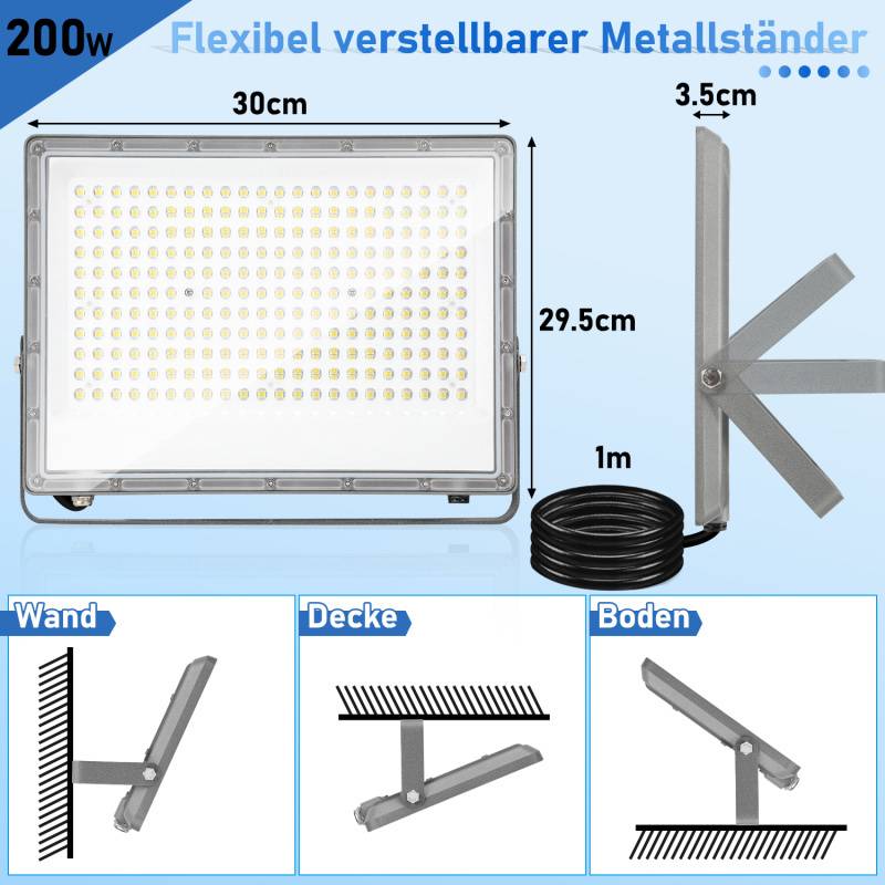 200W LED Fluter Flutlicht LED Strahler IP65 Wasserdicht Außenstrahler Outdoor-Sicherheitsleuchte für Garten Garage 6000K