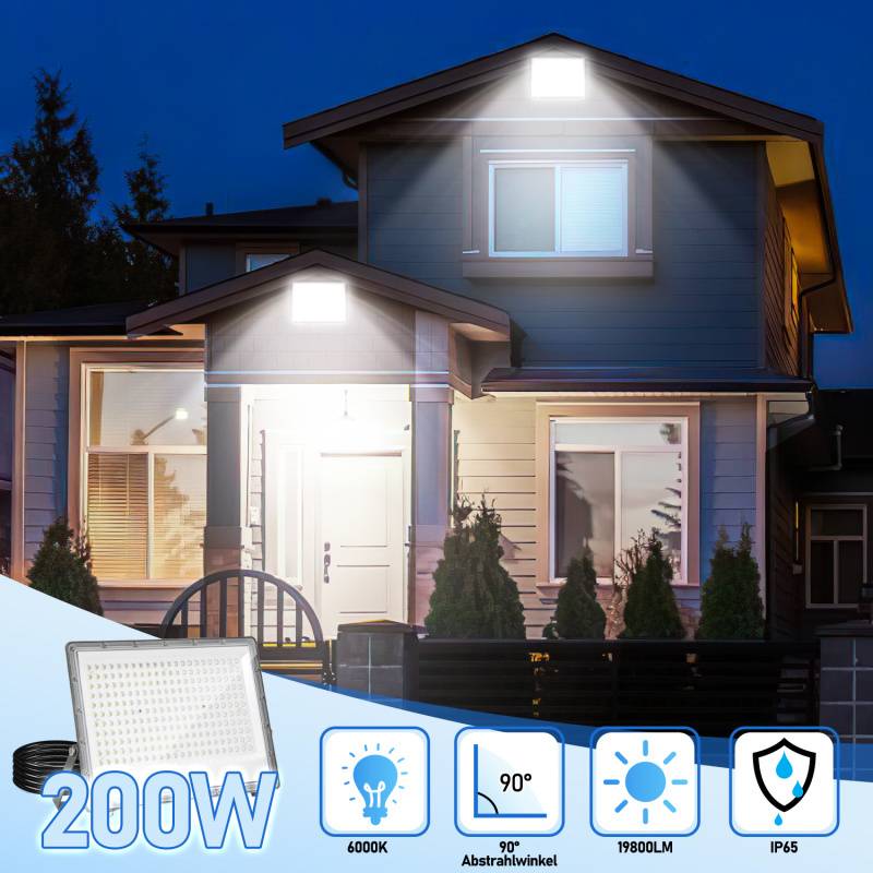 200W LED Fluter Flutlicht LED Strahler IP65 Wasserdicht Außenstrahler Outdoor-Sicherheitsleuchte für Garten Garage 6000K