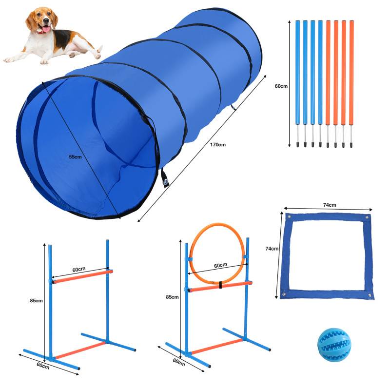 Hunde Agility Ausrüstung für Hunde Training Agility Set mit Slalomstangen, Einstellbar Sprungring, Hochsprungstange, Hundetunnel, uadratischen Pause