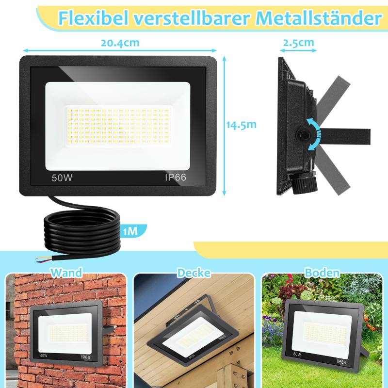 LED Fluter LED Strahler LED Baustrahler 1X 50W 3 Farbe 3000/4000/6500K Floodlight mit IP66 Wasserdicht