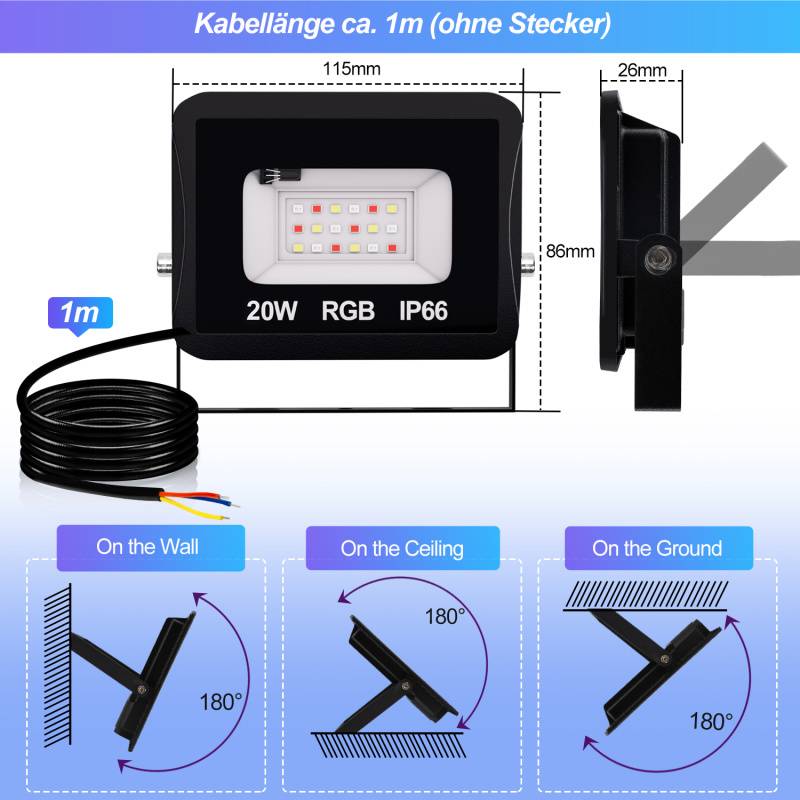 20W LED-Strahler RGB Außenstrahler mit Fernbedienung RGB LED Strahler LED Scheinwerfer RGB 4 Stück