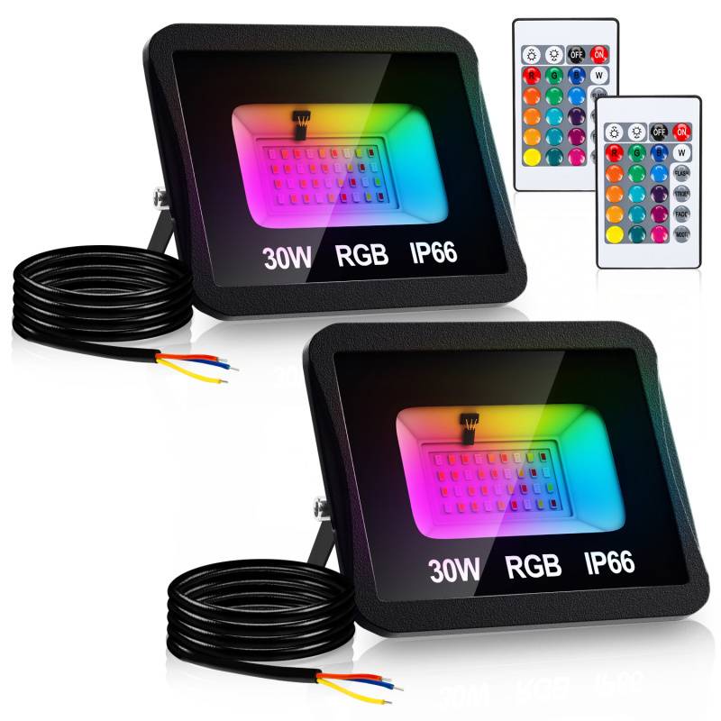 RGB LED Strahler 30W RGB fluter RGB LED Außenstrahler Außenstrahler mit Fernbedienung IP66 Wasserdicht für Garten 2 Stück