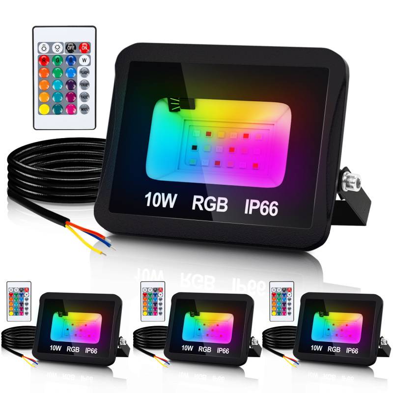 10W RGB fluter mit Fernbedienung RGB LED Strahler RGB LED Außenstrahler IP66 Wasserdicht 4 Stück