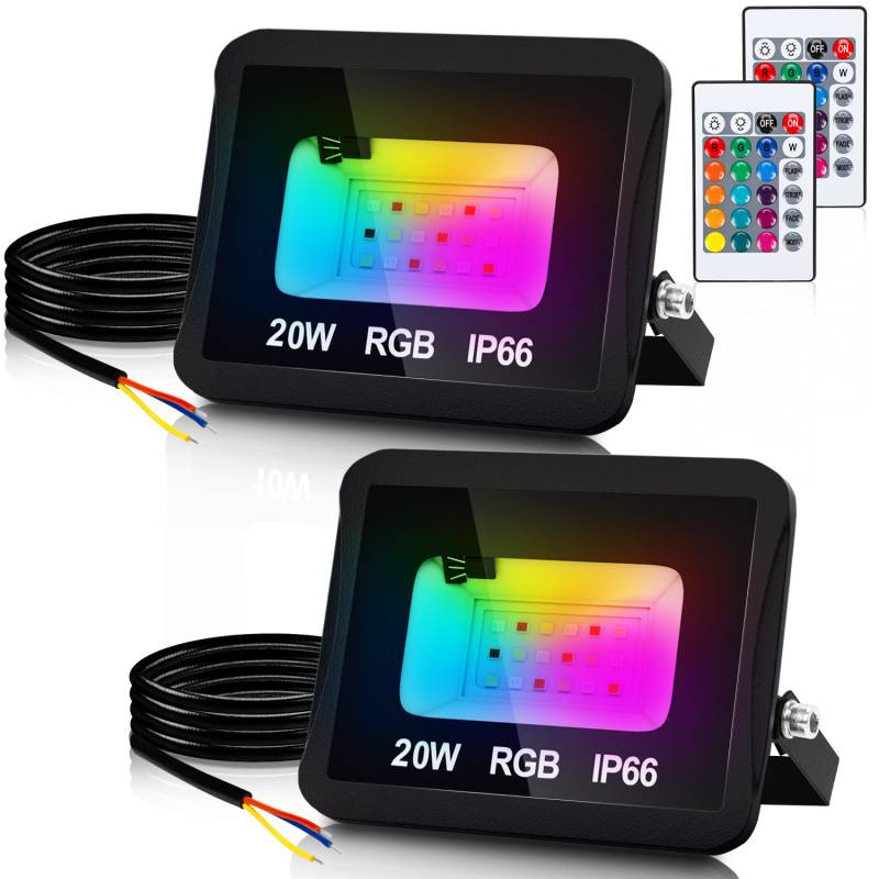 20W RGB fluter mit Fernbedienung RGB LED Strahler RGB LED Außenstrahler IP66 Wasserdicht 2 Stück