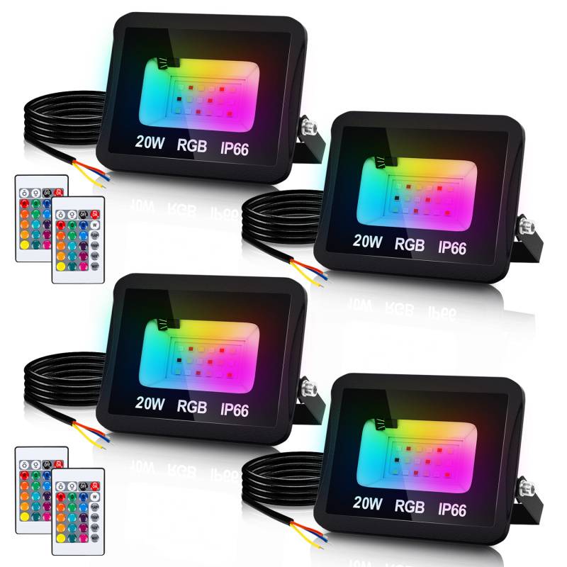 20W RGB fluter mit Fernbedienung RGB LED Strahler RGB LED Außenstrahler IP66 Wasserdicht 4 Stück