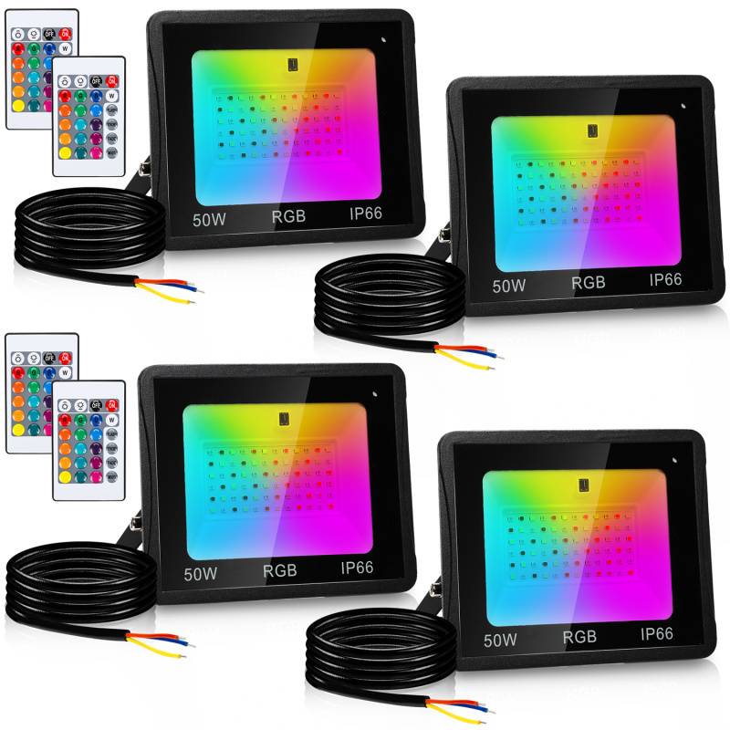 50W RGB fluter mit Fernbedienung RGB LED Strahler RGB LED Außenstrahler IP66 Wasserdicht 4 Stück