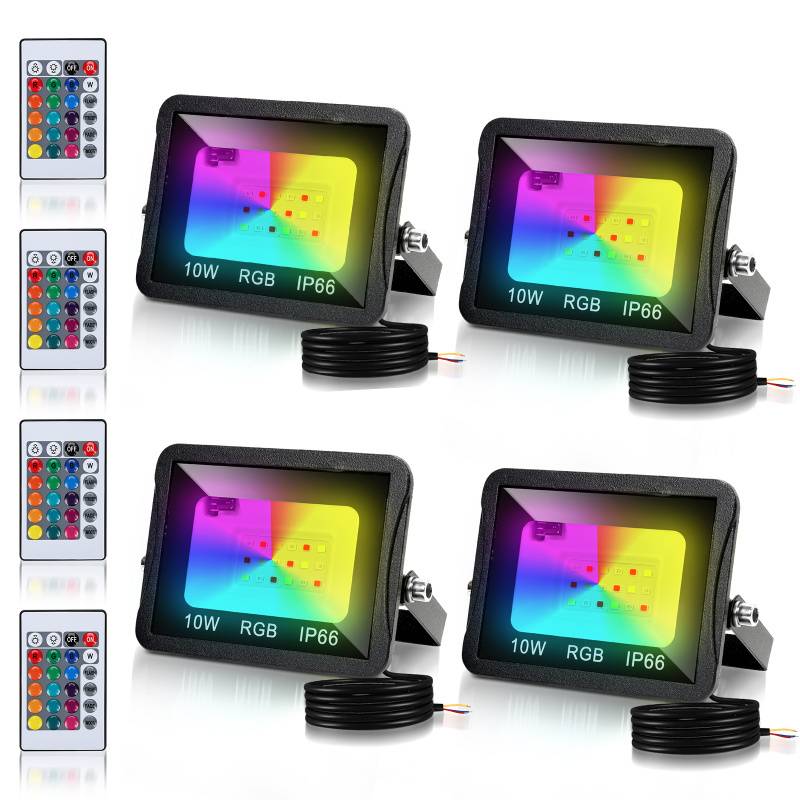 10W LED-Strahler RGB Außenstrahler mit Fernbedienung RGB LED Strahler LED Scheinwerfer RGB 4 Stück