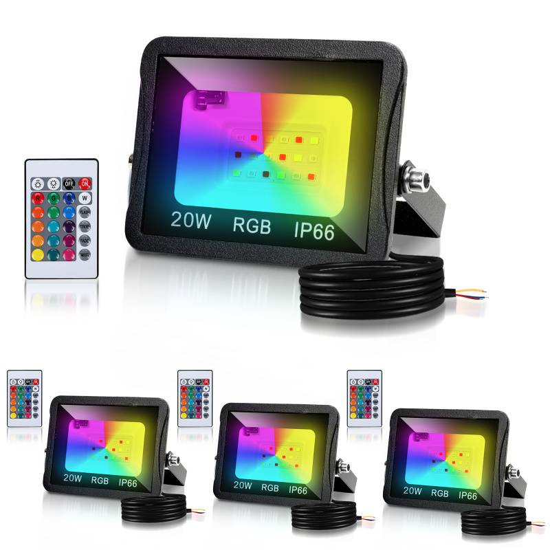 20W LED-Strahler RGB Außenstrahler mit Fernbedienung RGB LED Strahler LED Scheinwerfer RGB 4 Stück