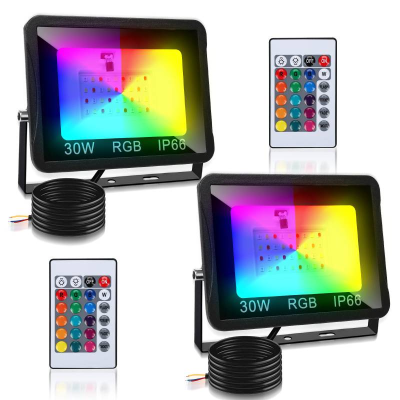 30W LED-Strahler RGB Außenstrahler mit Fernbedienung RGB LED Strahler LED Scheinwerfer RGB 2 Stück