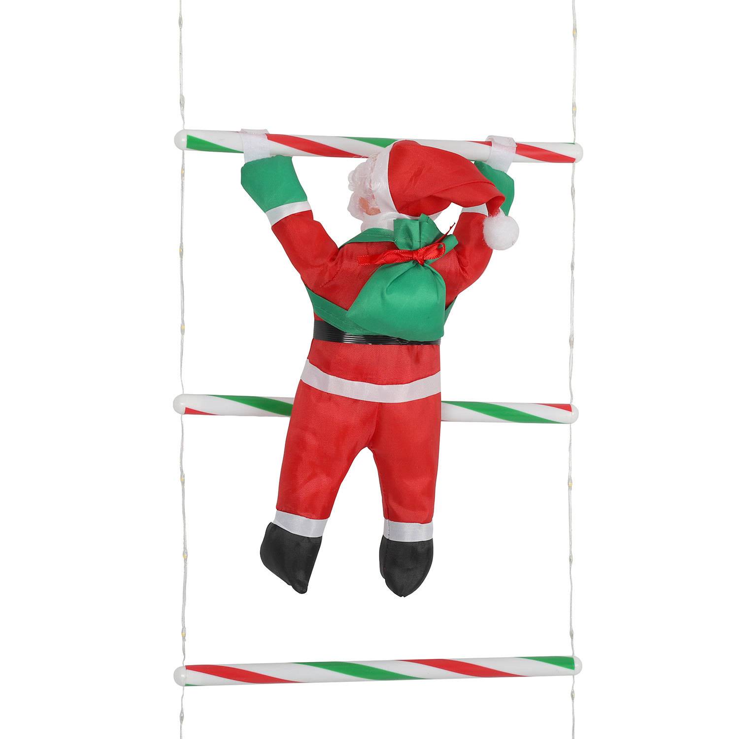 Aufblasbarer Weihnachtsmann-Schmuck, der an einem leiterartigen Rahmen hängt, in den Weihnachtsfarben Rot, Grün und Weiß.
