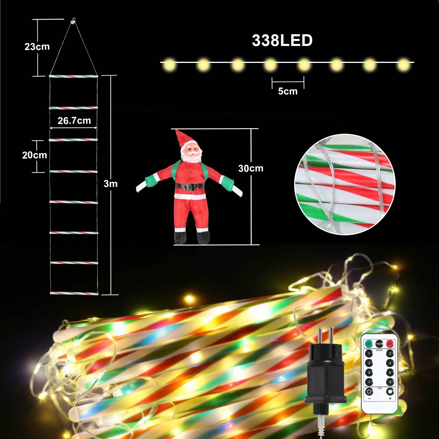 338er LED-Multicolor-Lichterkette mit Fernbedienung und Stecker, dargestellt mit einer 3m langen Hängerstrang, 5cm LED-Abstand und 30cm großer Weihnachtsmannfigur als Größenvergleich.