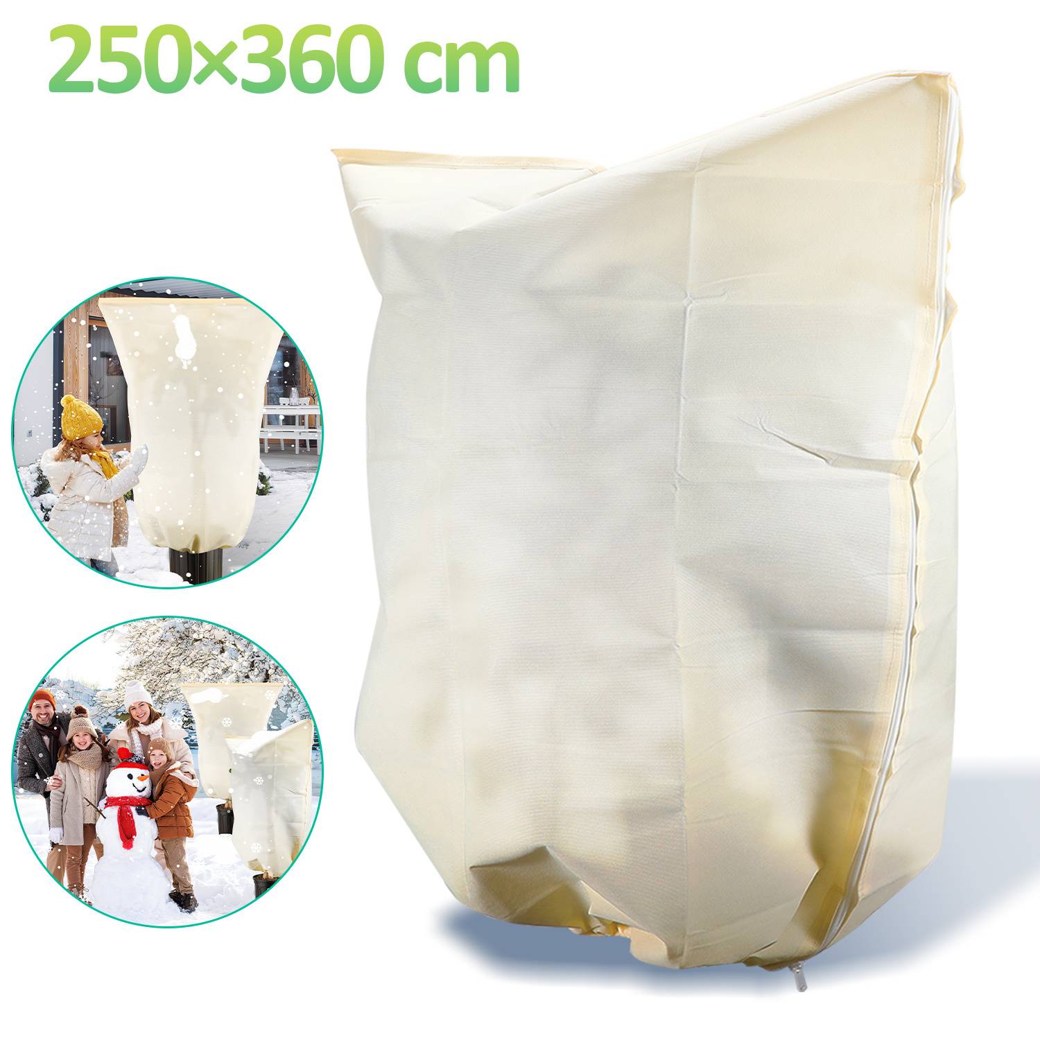 Beige schützende Outdoor-Abdeckung, gekennzeichnet mit 250×360 cm, zum Schutz eines hohen Objekts oder von Möbeln vor Wetter und Schnee.