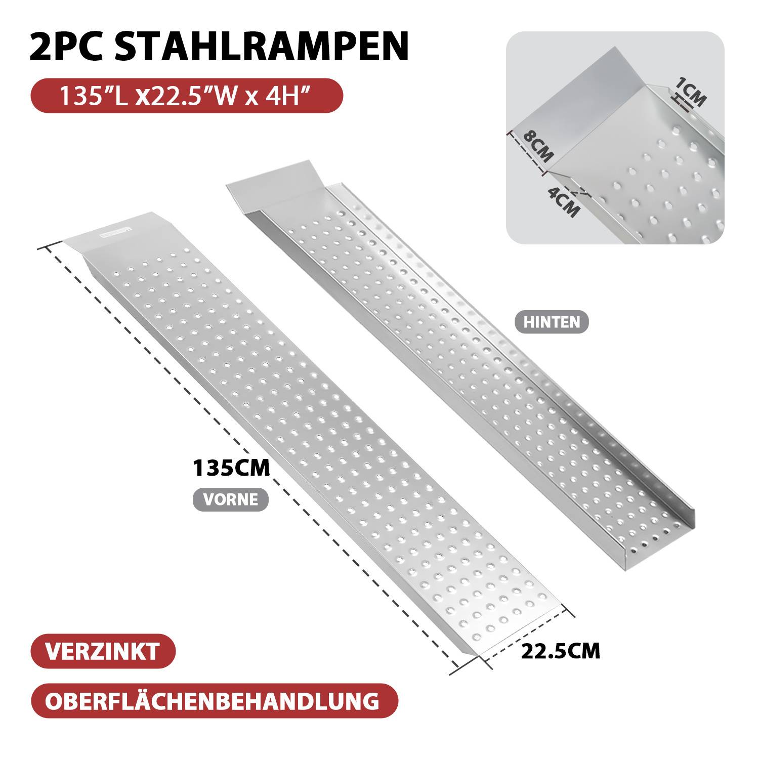 2X Auffahrrampe 135 x 22.5 cm Verladerampe Rampe bis 400kg Auffahrschiene Verladeschiene Auto Laderampe für Motorrad, Anhänger