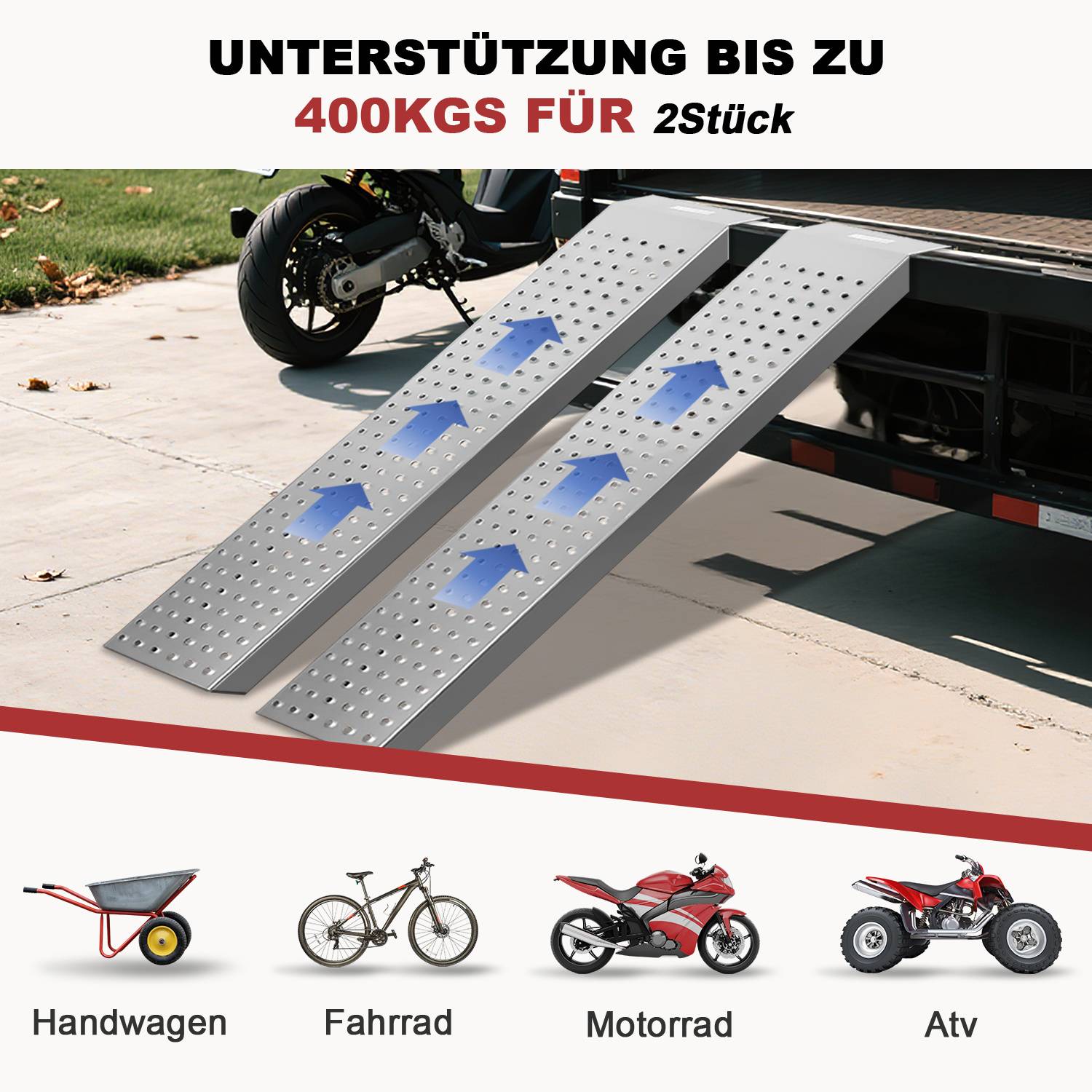 2X Auffahrrampe 135 x 22.5 cm Verladerampe Rampe bis 400kg Auffahrschiene Verladeschiene Auto Laderampe für Motorrad, Anhänger