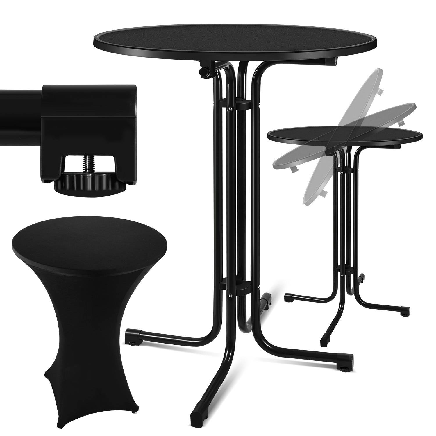 Stehtisch Klappbar Outdoor Gastro Bistrotisch 2x Haken Ø 80 cm Rund Witterungsbeständig Schwarz Partytisch pulverbeschichtet Metall MDF