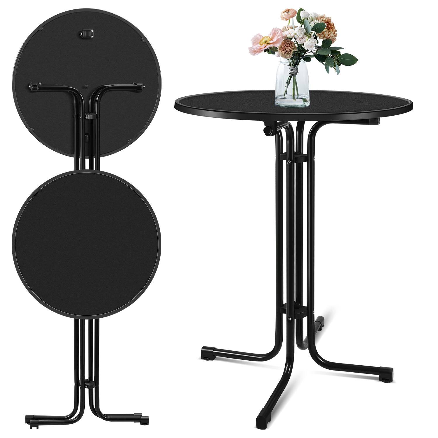 2x Stehtisch Klappbar Outdoor Gastro Bistrotisch 2x Haken Ø 80 cm Rund Witterungsbeständig Schwarz Partytisch pulverbeschichtet Metall MDF