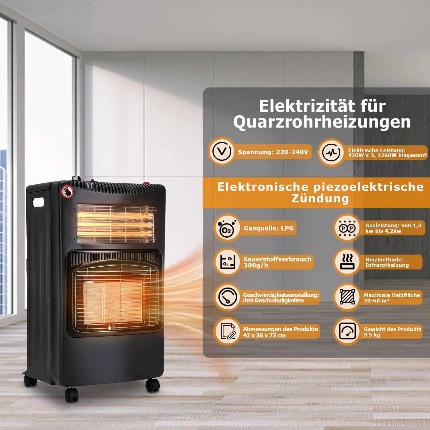 Keramik Gasheizung - Schwarz - 4200 Watt mit 3 Heizstufen, Druckregler & Schlauch - Mobil, effizient & energiesparend - Gasheizer Gasheizofen Gas