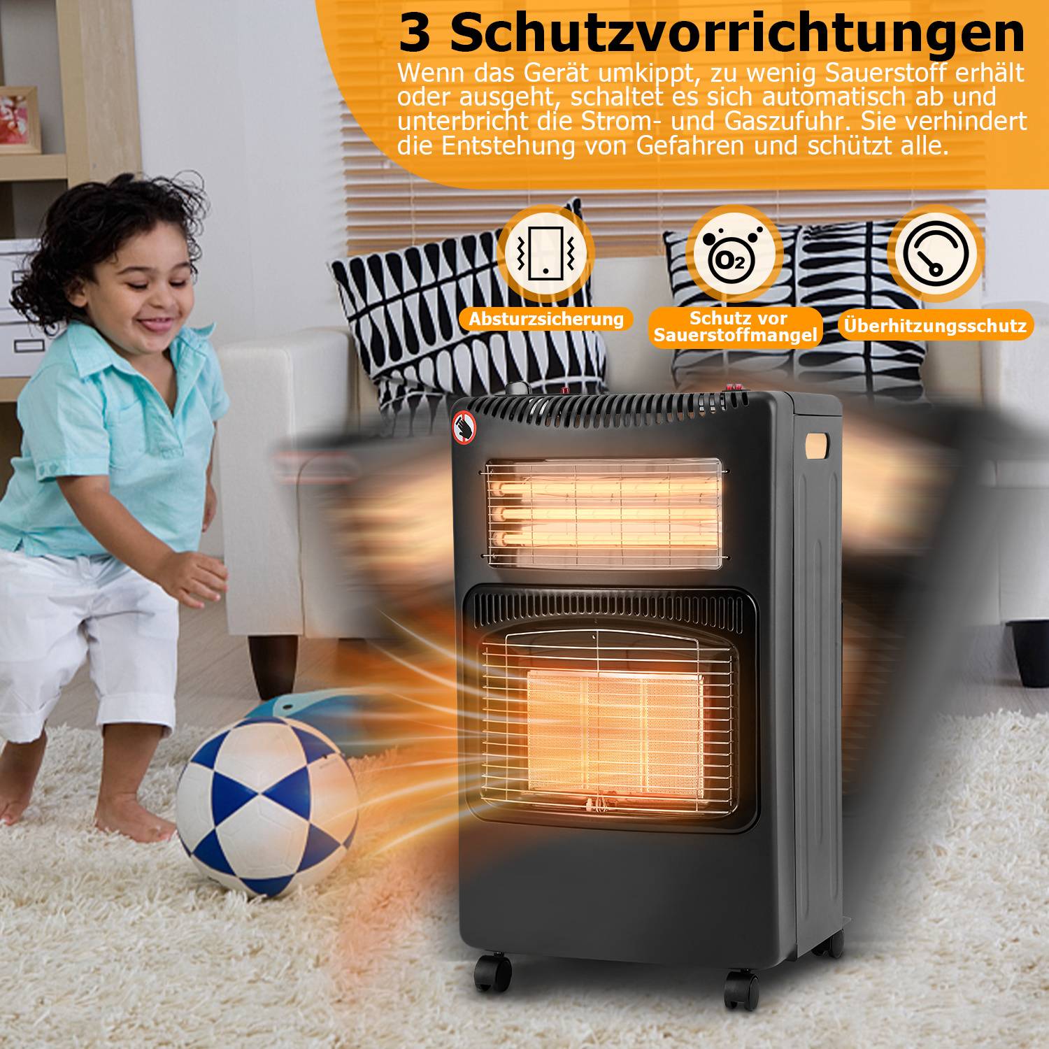 Keramik Gasheizung - Schwarz - 4200 Watt mit 3 Heizstufen, Druckregler & Schlauch - Mobil, effizient & energiesparend - Gasheizer Gasheizofen Gas