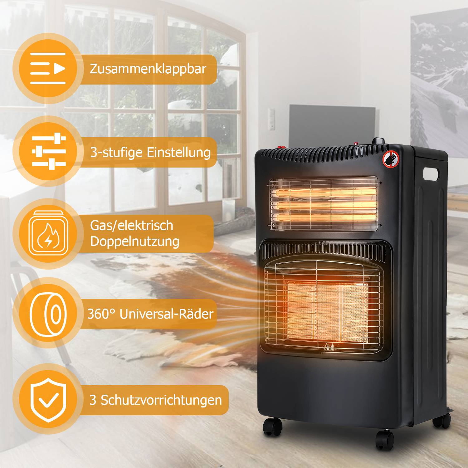 Keramik Gasheizung - Schwarz - 4200 Watt mit 3 Heizstufen, Druckregler & Schlauch - Mobil, effizient & energiesparend - Gasheizer Gasheizofen Gas