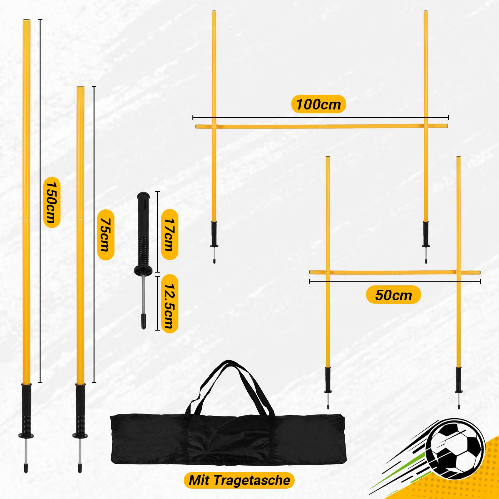6x Slalomstangen Fussball 1,5 m sprunghafte Agilität Stangen Agility Trainingsset Gelb
