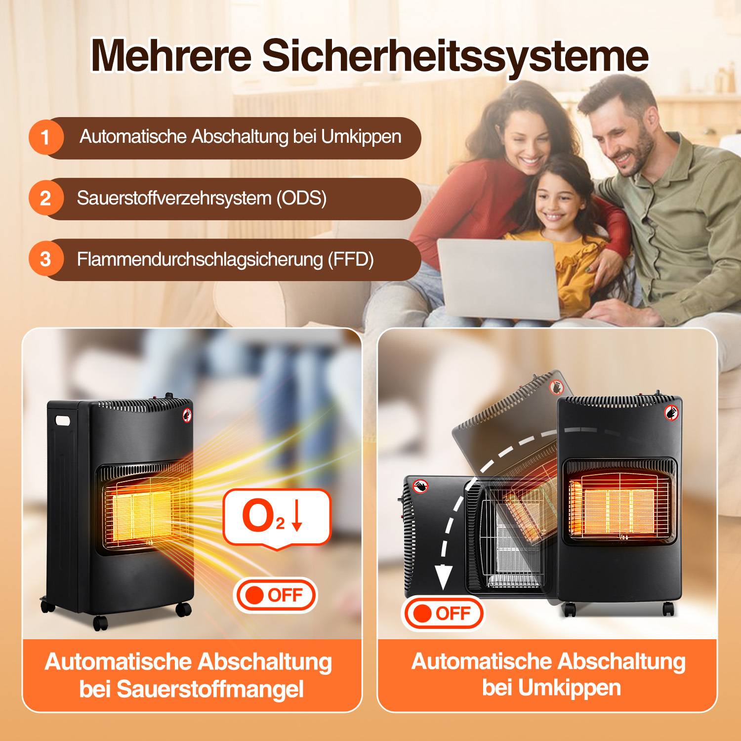 Keramik-Gasheizofen, 4200W mobil, Schwarz, Gasdruckregler, 42x36x73cm (LxBxH), für Gasflaschen bis 15kg, für Innen &amp; Camping