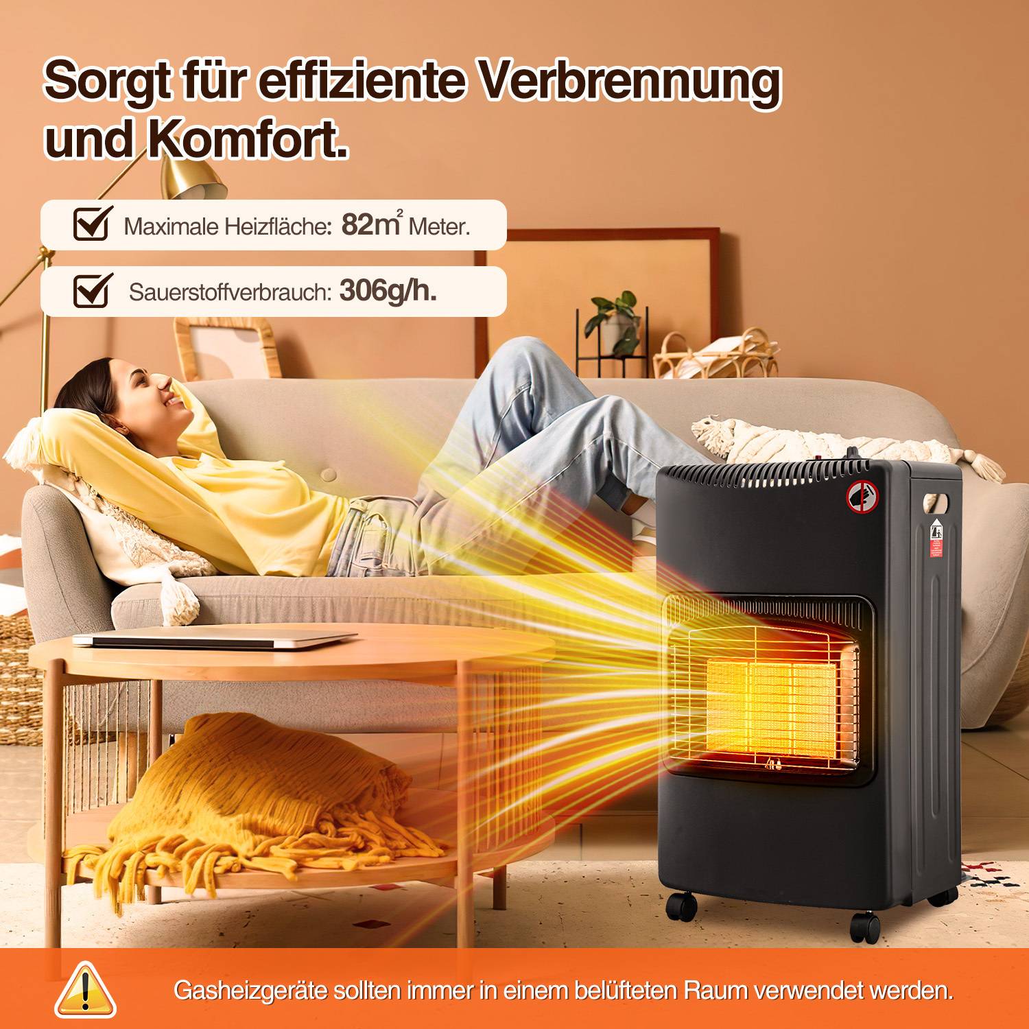 Keramik-Gasheizofen, 4200W mobil, inkl. Euro-Adapter, Gasdruckregler, 42x36x73cm (LxBxH), für Gasflaschen bis 15kg, für Innen & Camping