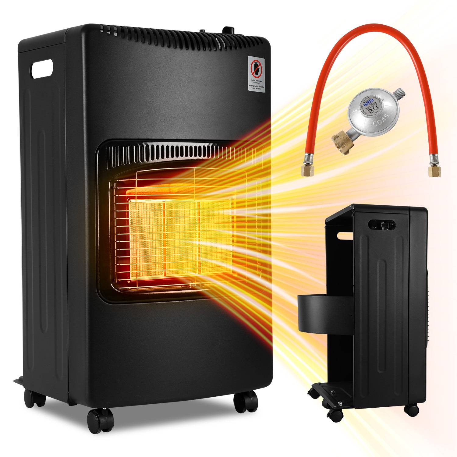 Tragbarer schwarzer Gasstrahler auf Rädern mit leuchtender Frontgrill; enthält einen roten Gasschlauch und Regler sowie eine Seitenansicht des Geräts.