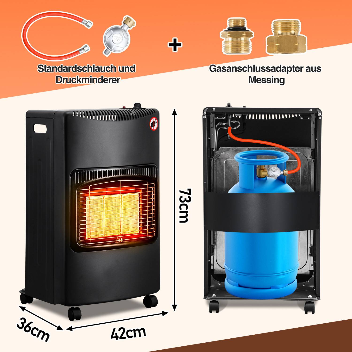 Keramik-Gasheizofen, 4200W mobil, inkl. Euro-Adapter, Gasdruckregler, 42x36x73cm (LxBxH), für Gasflaschen bis 15kg, für Innen & Camping