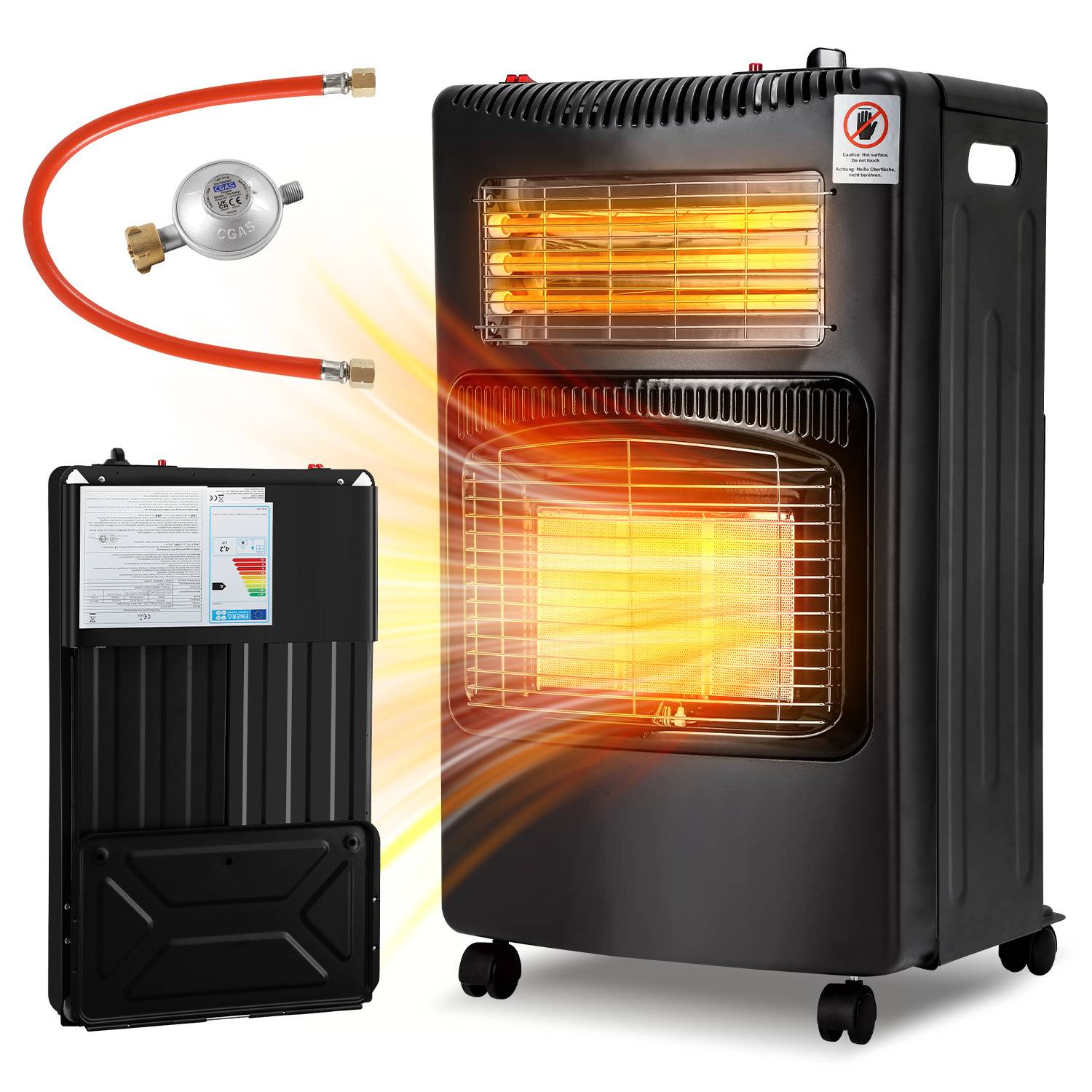 Gasheizer Keramik Infrarot, Gas+Strom, 4200 Watt, 3 Stufen, für Butan-/Propangasflaschen bis 15 kg, inkl. Gasdruckregler, Gasschlauch & Abdeckung