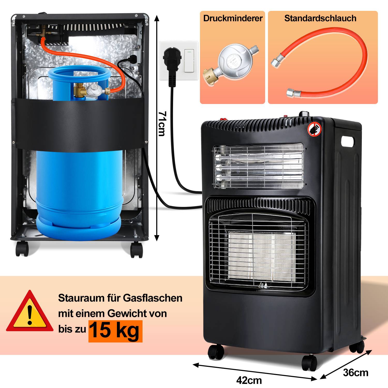 Gasheizer Keramik Infrarot, Gas+Strom, 4200 Watt, 3 Stufen, für Butan-/Propangasflaschen bis 15 kg, inkl. Gasdruckregler, Gasschlauch & Abdeckung