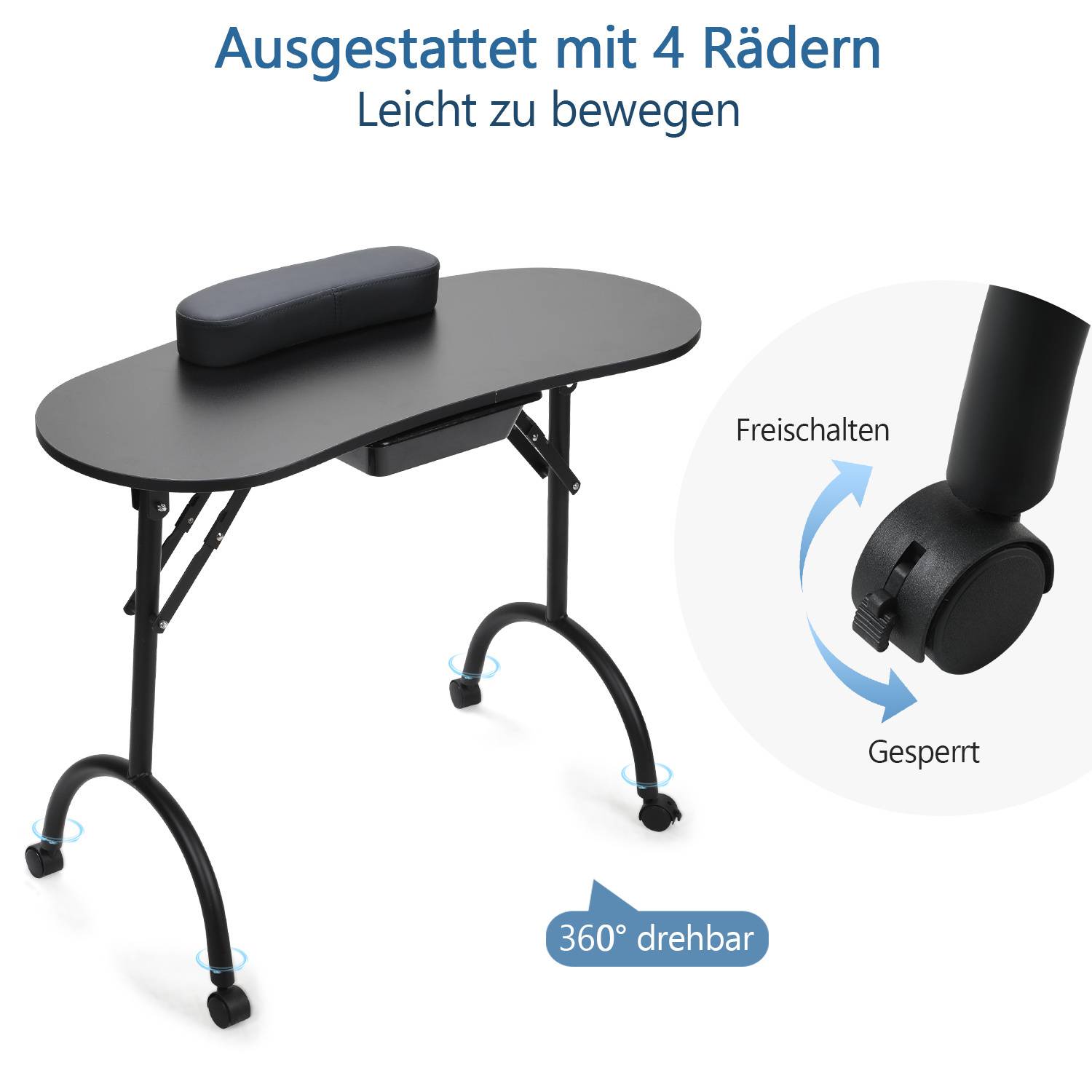 Klappbarer Maniküretisch 90 x 37 x 70 cm mit Tragetasche Nageltisch Maniküre-Tisch für Nagelrekonstruktion mit Rollen Schwarz