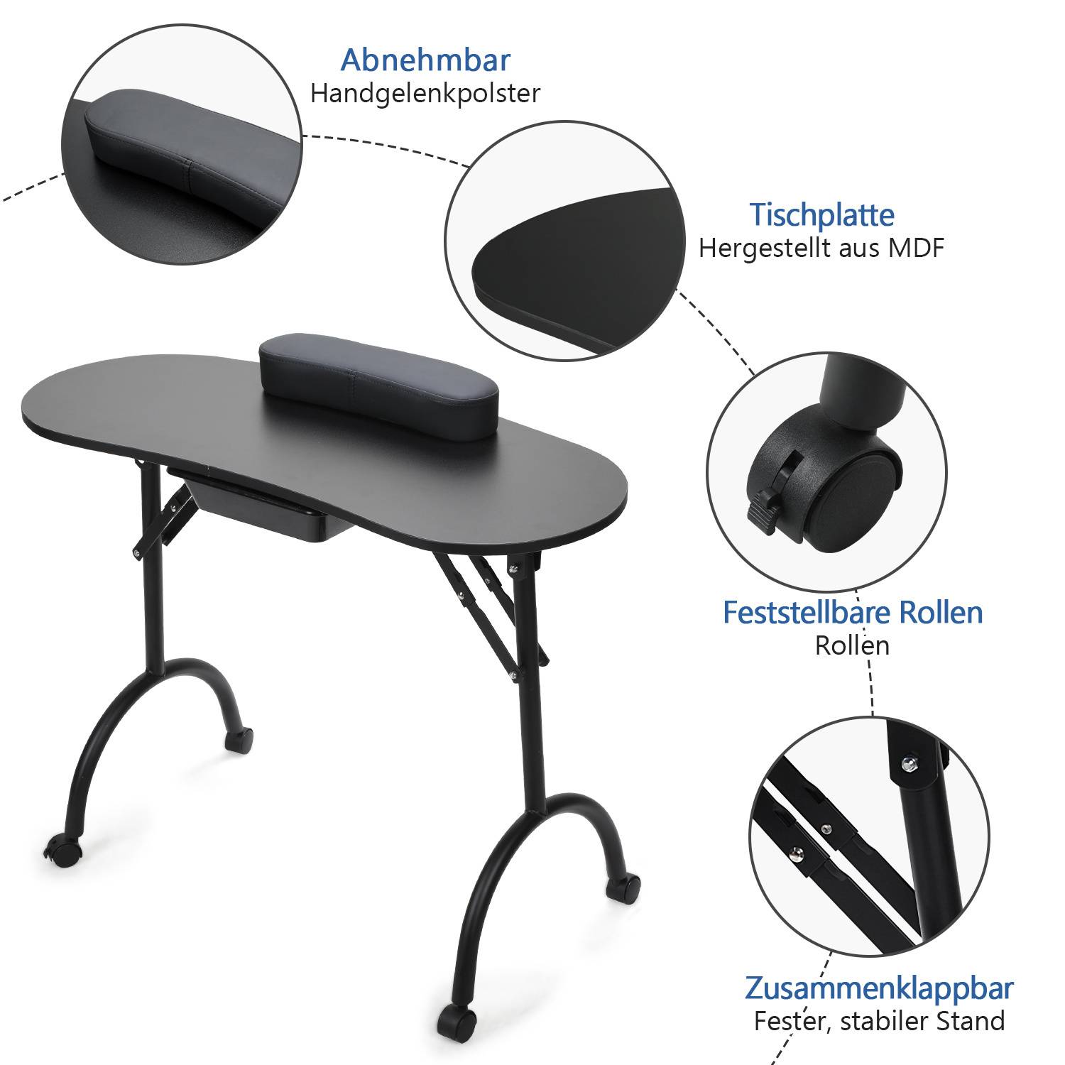Klappbarer Maniküretisch 90 x 37 x 70 cm mit Tragetasche Nageltisch Maniküre-Tisch für Nagelrekonstruktion mit Rollen Schwarz